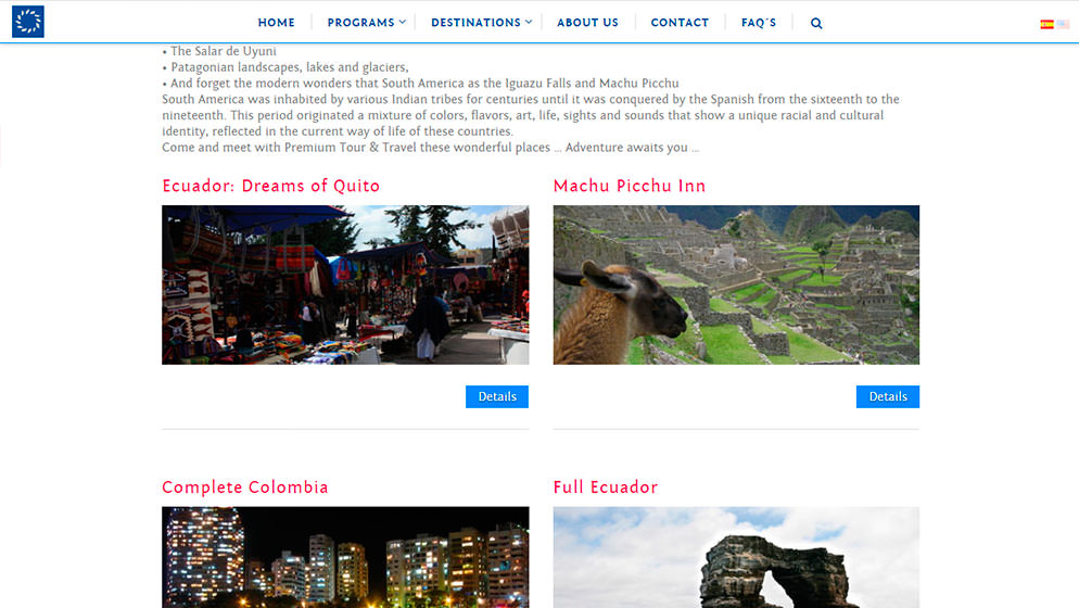 Página interna sitio web Premium Tour and Travel